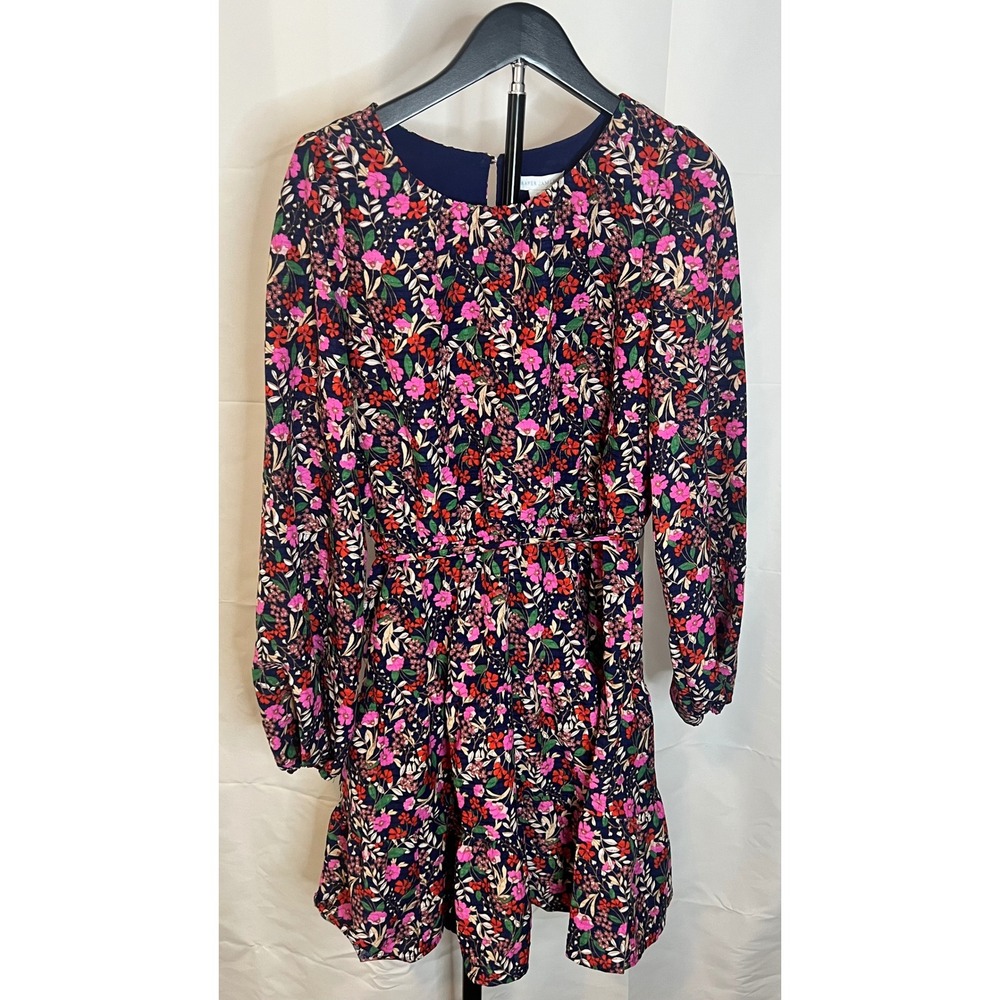 Draper James Women Small Blue Floral Long Sleeve Tiered Mini Dress Tie‎ Waist